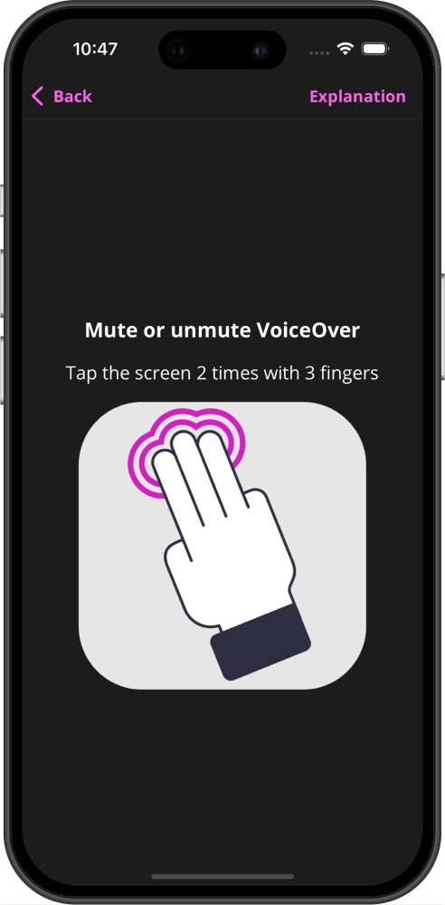 Screenshot van de ScreenReader app met uitleg over het uitvoeren van een gebaar